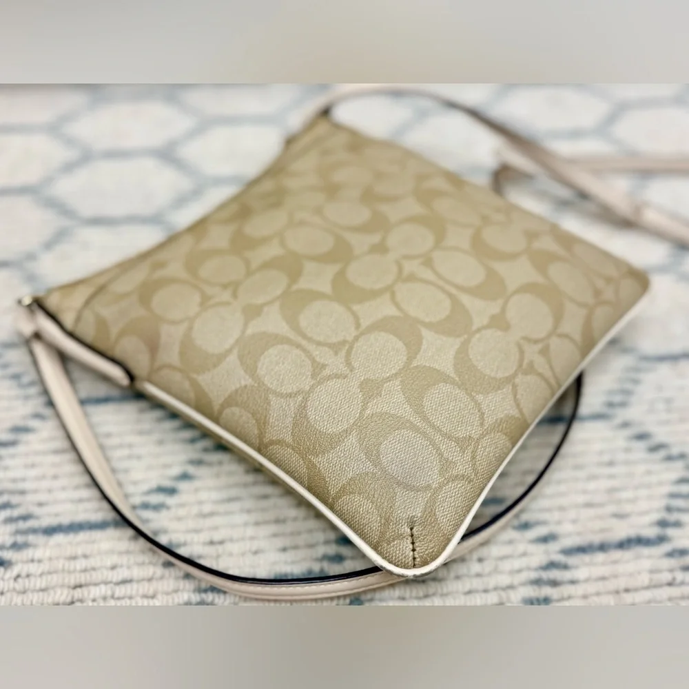 COACH Signature Beige/White Monogram Logo North South Adjust. Strap Crossbody